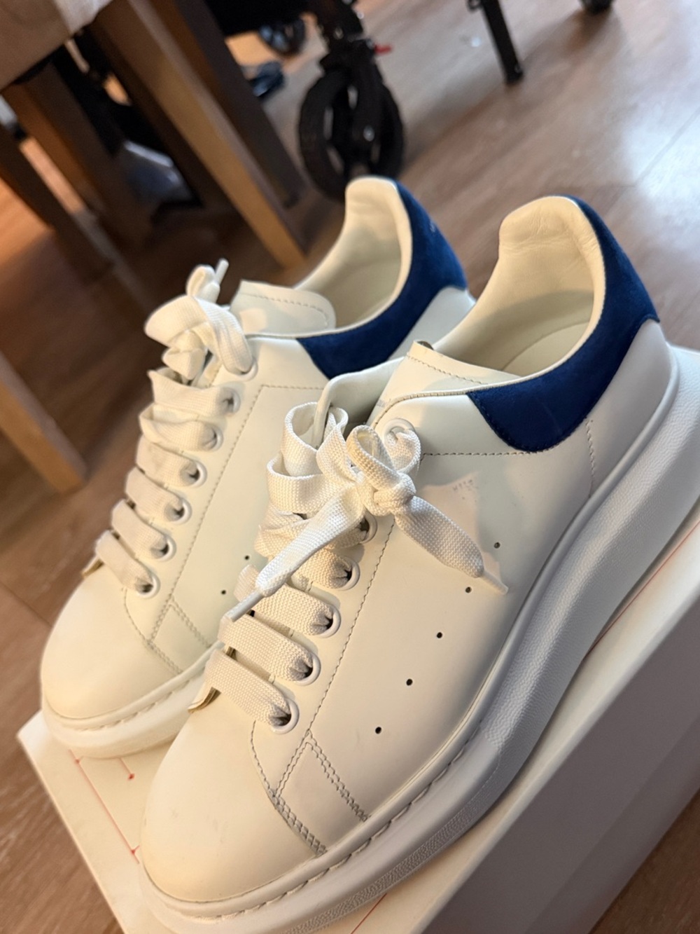Alexander McQueen White Leather Sneakers with Blue Heel